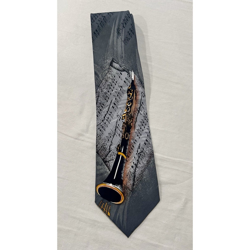 Vintage Designs By A. Rogers Men's Gray Clarinet Music Notes Band Neck Tie Silk
